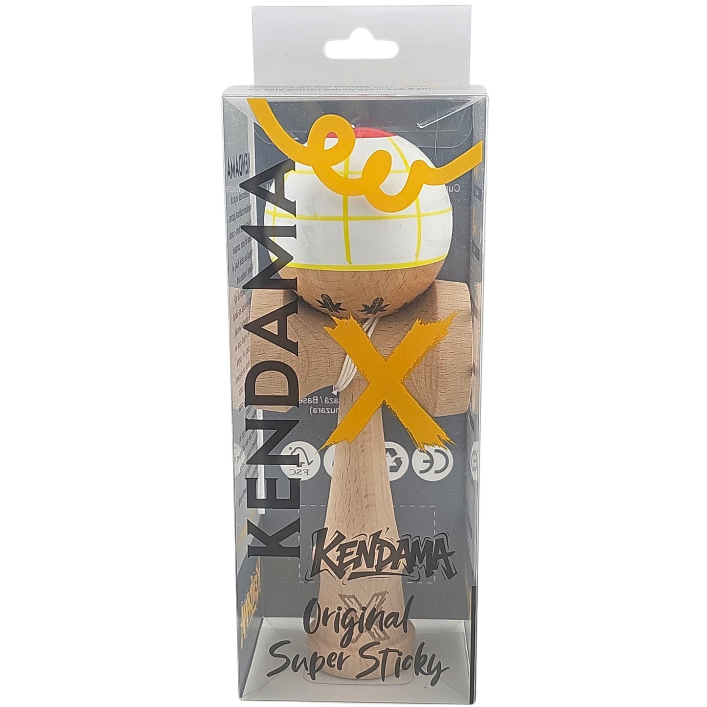 Kendama X Originala, Profesionala, din Lemn, Super Sticky, 18 cm, Alb/Galben/Rosu