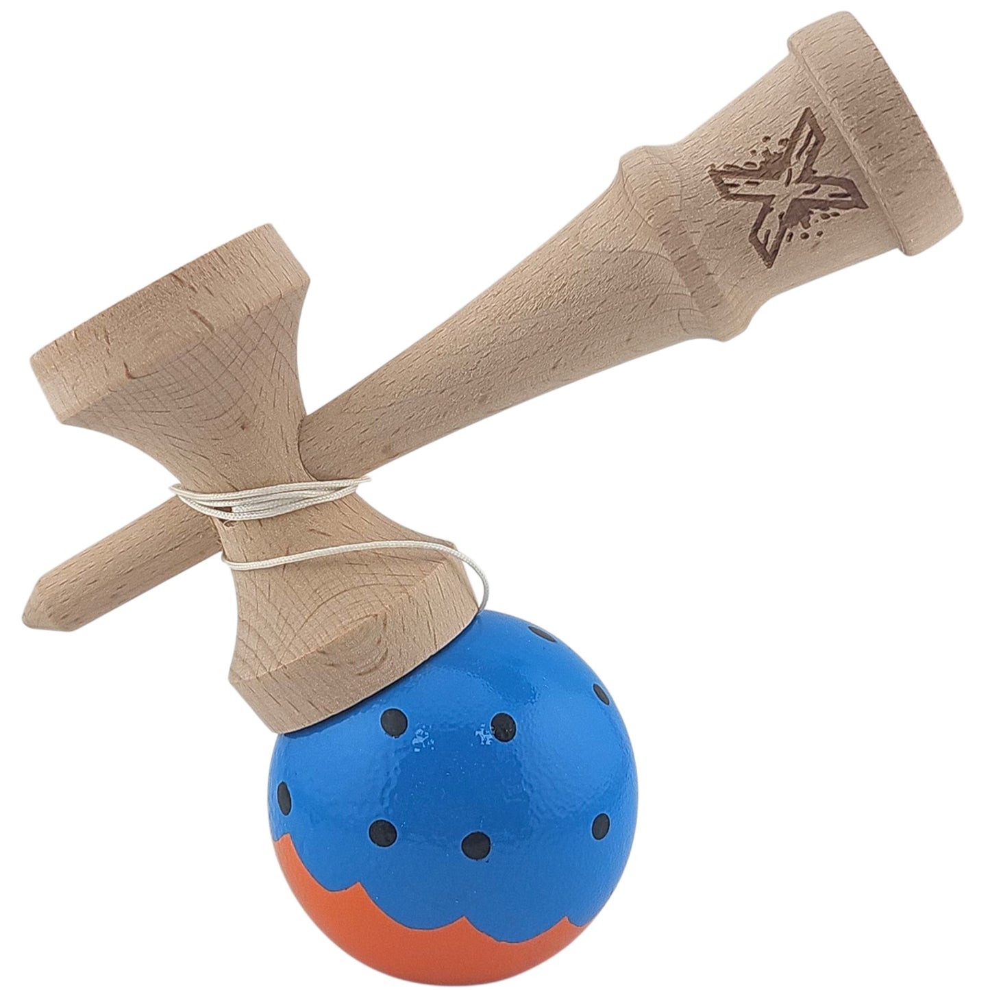 Kendama X Originala, Profesionala Limited, din Lemn, Super Sticky, 18 cm, Albastru/Portocaliu