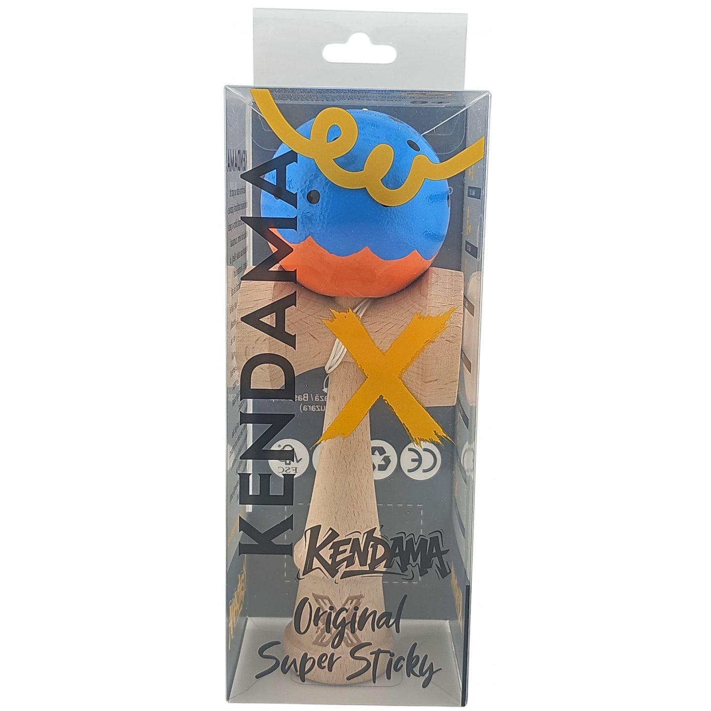 Kendama X Originala, Profesionala Limited, din Lemn, Super Sticky, 18 cm, Albastru/Portocaliu