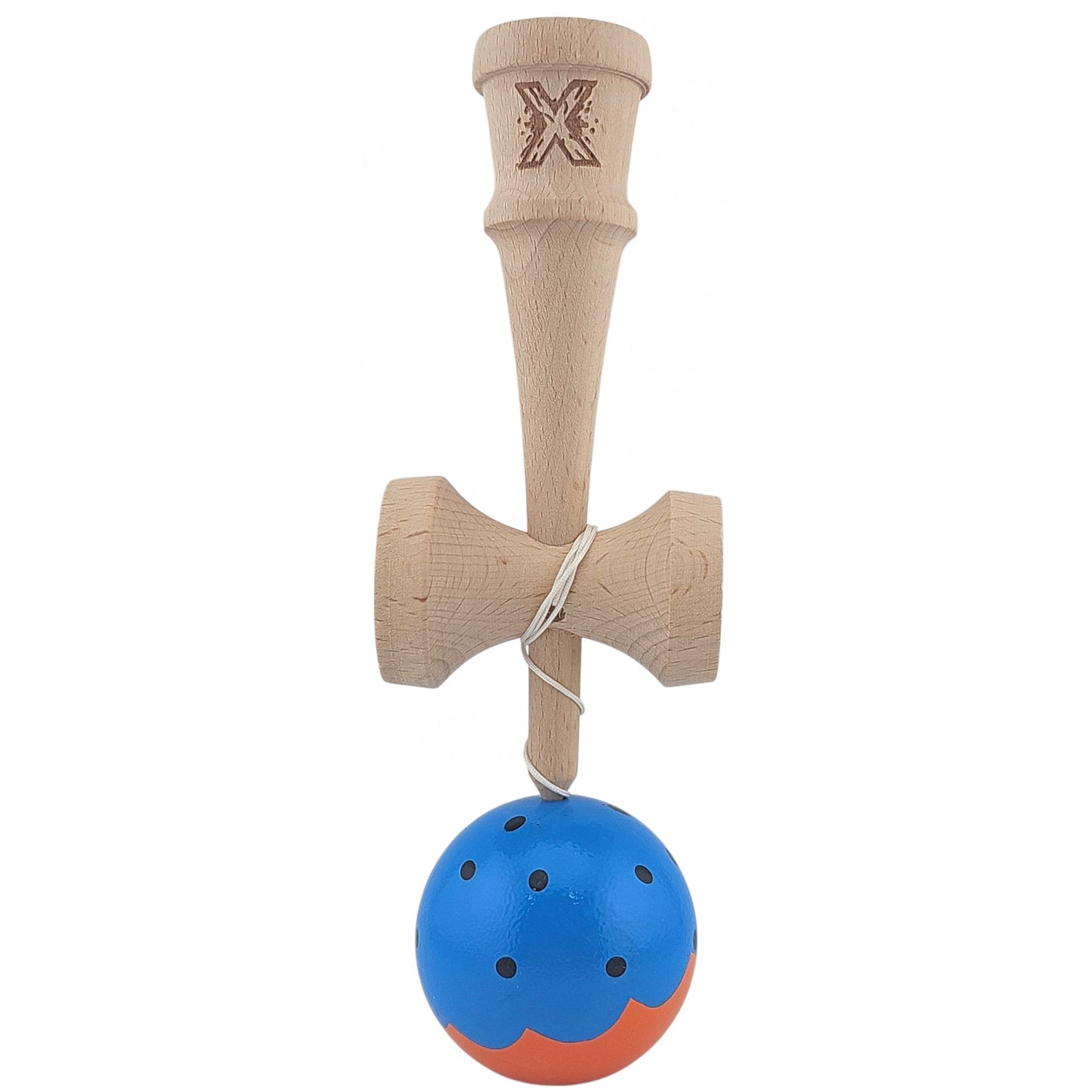 Kendama X Originala, Profesionala Limited, din Lemn, Super Sticky, 18 cm, Albastru/Portocaliu