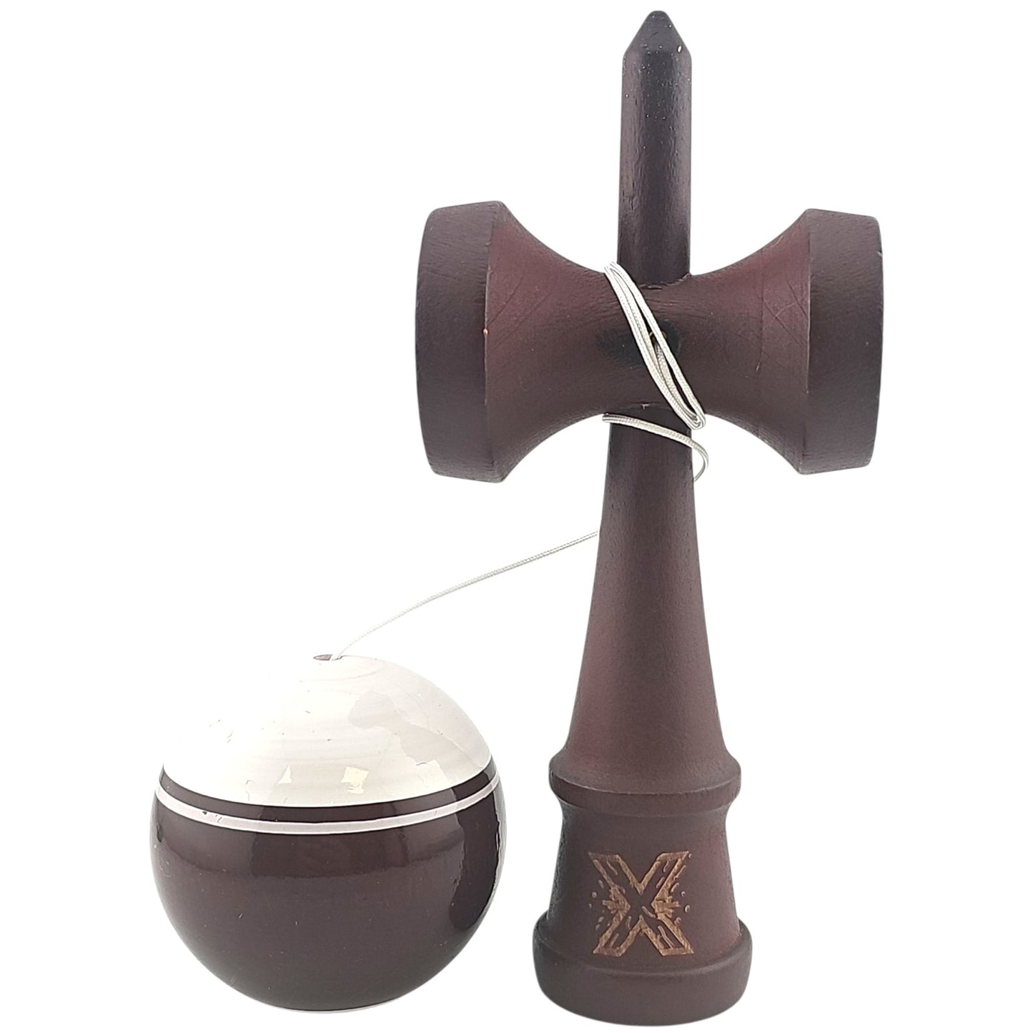 Kendama X Originala, Profesionala Limited, din Lemn, Super Sticky, 18 cm, Alb/Maro inchis