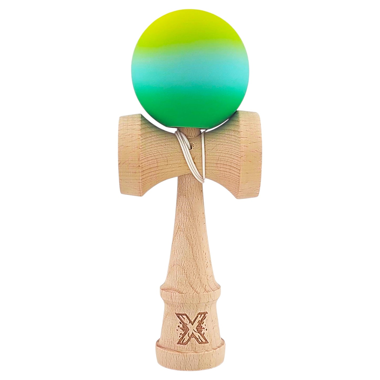 Kendama X Originala, Profesionala, Rubber Grip, din Lemn, 18 cm, Galben/Albastru/Verde