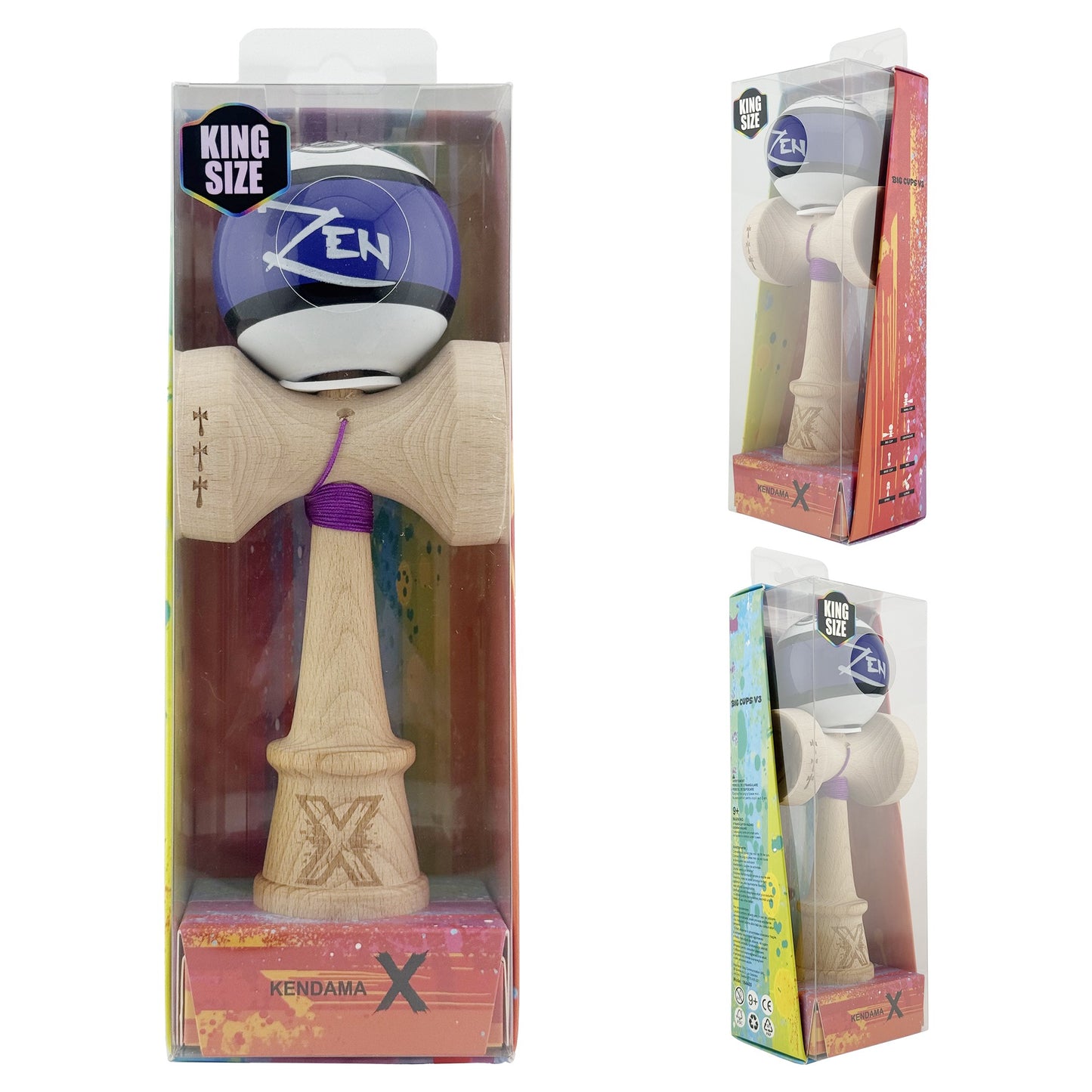 Kendama X Zen Series Originala, Profesionala, Super Sticky, Gaura in Baza, Cupe Mari KING SIZE V3, Rulment Metalic, din lemn 18 cm, Ata 55 cm, Violet