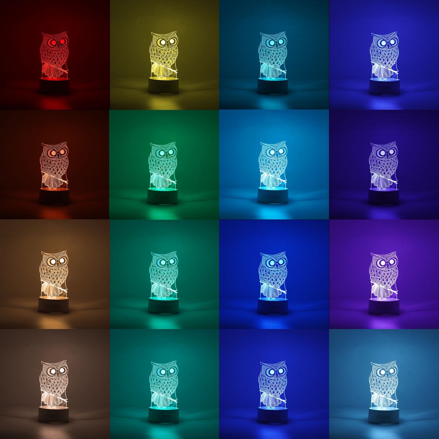 Lampa LED decorativa, 3D, Bufnita, cu USB si baterii, 20 cm inaltime, din material acril, lumina multicolora si telecomanda inclusa, alb