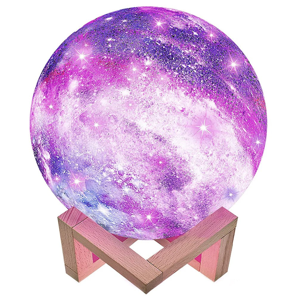 Lampa de veghe in forma de luna cu stele 3D Moon Light, alimentare baterii, stand din lemn inclus, 14 cm