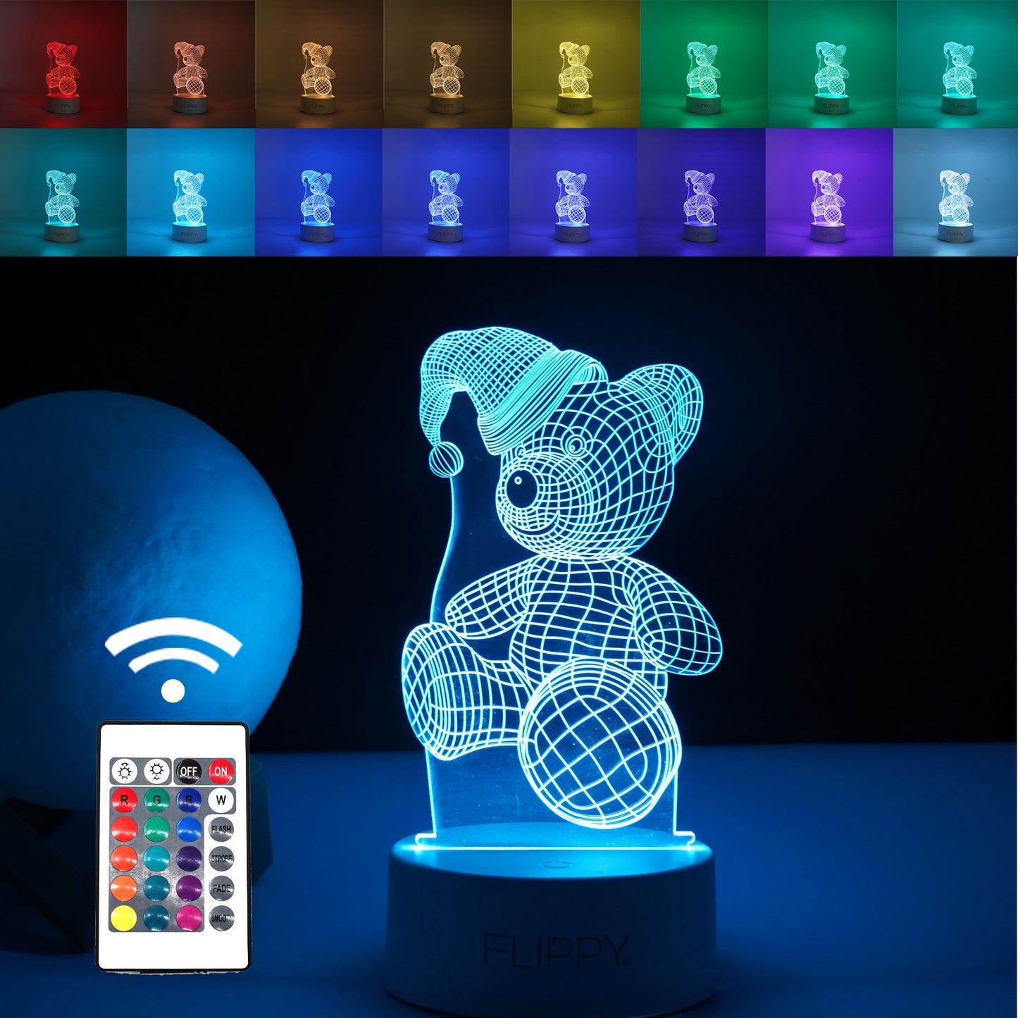 Lampa LED decorativa, 3D, Urs cu palarie, cu telecomanda, doua moduri de alimentare USB si baterii, 20 cm inaltime, din material acril si lumina multicolora, alb