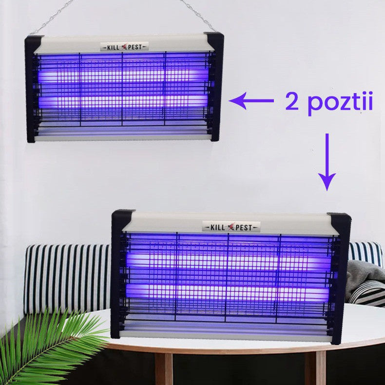 Lampa Electrica Anti Insecte, Lumina Neon, 2 tuburi cu putere de 20W, Suspensie Perete, Carcasa din Plastic Metalica, 39 x 25 x 6 cm, Alb