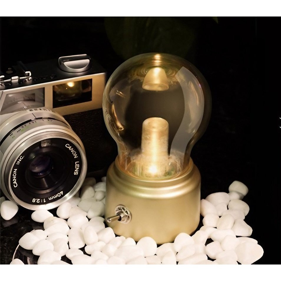 Lampa LED Decorativa sub forma de Bulb, Retro pentru interior, Bej/ Transparent, 5 V, 500 mA, ABS, Lumina Calda, Incarcare USB, Autonimie 12 Ore, Comutator Metalic, 11x7x6 cm
