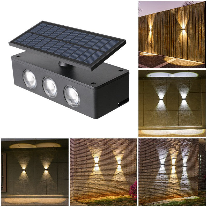 Lampa solara LED bidirectionala, cu panou ajustabil, comutator culoare lumina, pentru perete, scari, gradina, terasa, 16 x 6.5 cm, 6 LED-uri, material ABS, baterie 3.7 V, 1200mah, multicolor