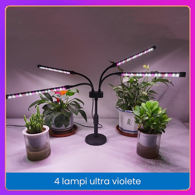 Lampa UV pentru cresterea plantelor, conectare la retea, 20W, 4 capete, 72 LED-uri, ajustabila pana la 66.5 cm, Lumina Alb Mov