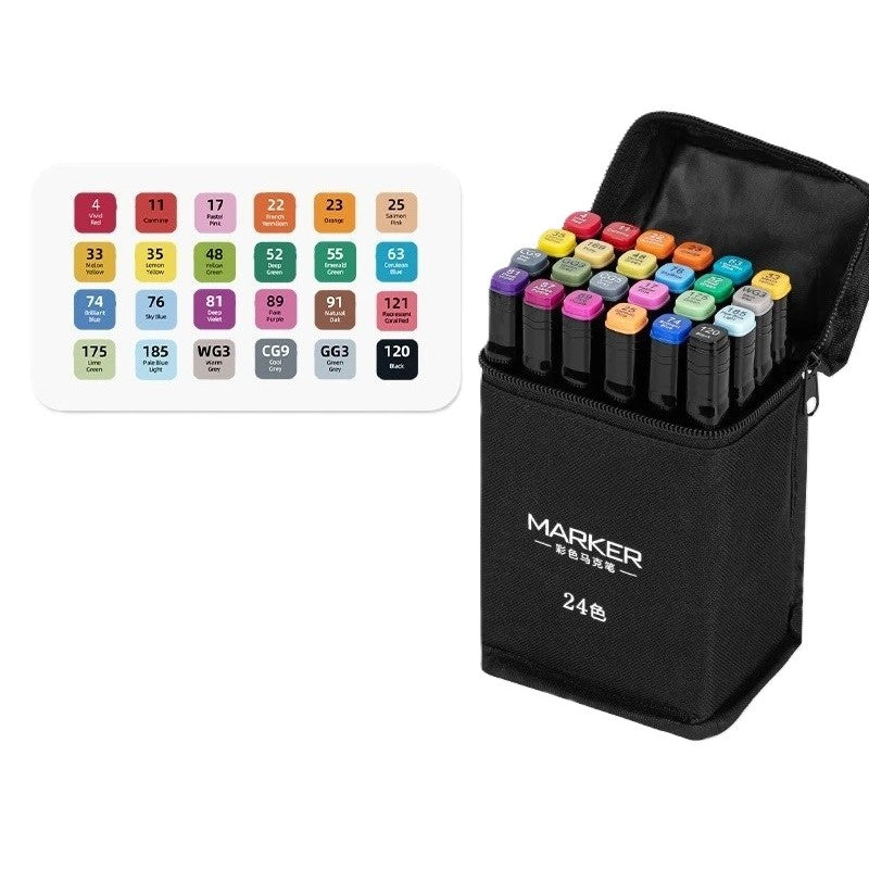 Set 24 Markere, pe Baza de Ulei, Dublu Capat, Subtire 1mm si Gros 6 mm, Geanta Depozitare, 15 cm, Multicolor