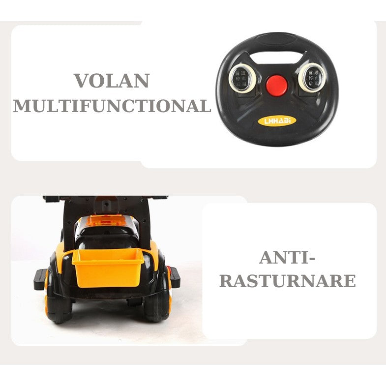 Masinuta Electrica, Tip Excavator, Brat Electric cu Maneta de Control, Spatar si Bare Laterale, Sistem Muzica si Lumini, 2-7 Ani, 72 x 34 x 45 cm, Portocaliu