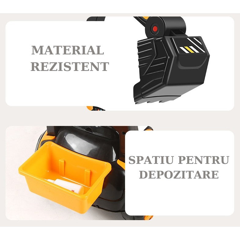 Masinuta Electrica, Tip Excavator, Brat Electric cu Maneta de Control, Spatar si Bare Laterale, Sistem Muzica si Lumini, 2-7 Ani, 72 x 34 x 45 cm, Portocaliu