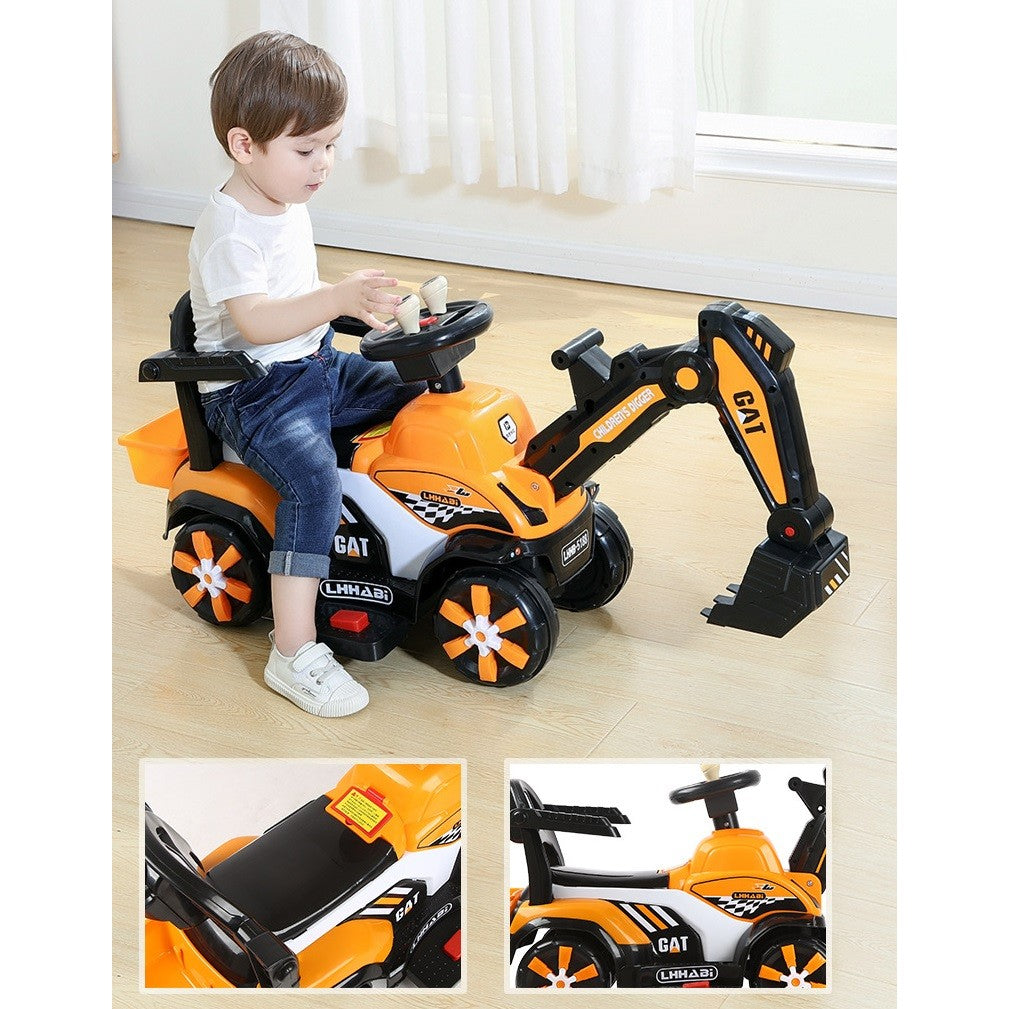 Masinuta Electrica, Tip Excavator, Brat Electric cu Maneta de Control, Spatar si Bare Laterale, Sistem Muzica si Lumini, 2-7 Ani, 72 x 34 x 45 cm, Portocaliu
