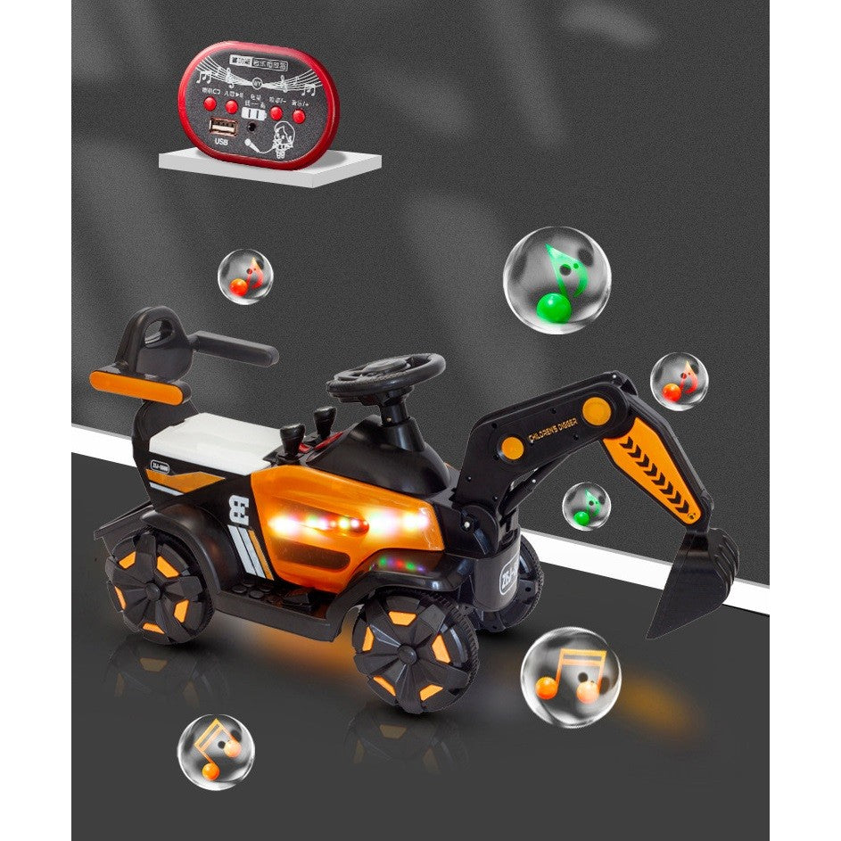 Masinuta Electrica, Tip Excavator, Brat Electric cu Maneta de Control, Spatar si Bare Laterale, Sistem Muzica si Lumini, 1-8 Ani, 72 x 36 x 50 cm, Portocaliu
