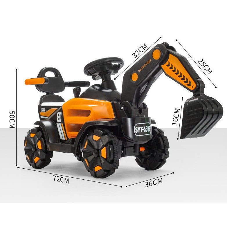 Masinuta Electrica, Tip Excavator, Brat Electric cu Maneta de Control, Spatar si Bare Laterale, Sistem Muzica si Lumini, 1-8 Ani, 72 x 36 x 50 cm, Portocaliu