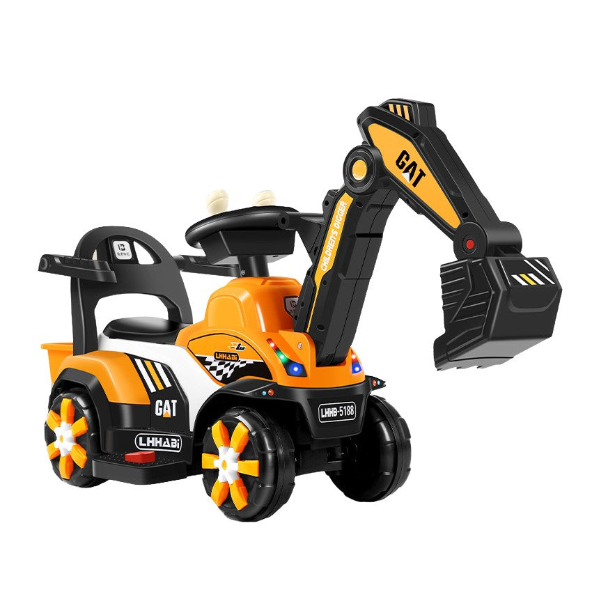 Masinuta Electrica, Tip Excavator, Brat Electric cu Maneta de Control, Spatar si Bare Laterale, Sistem Muzica si Lumini, 2-7 Ani, 72 x 34 x 45 cm, Portocaliu