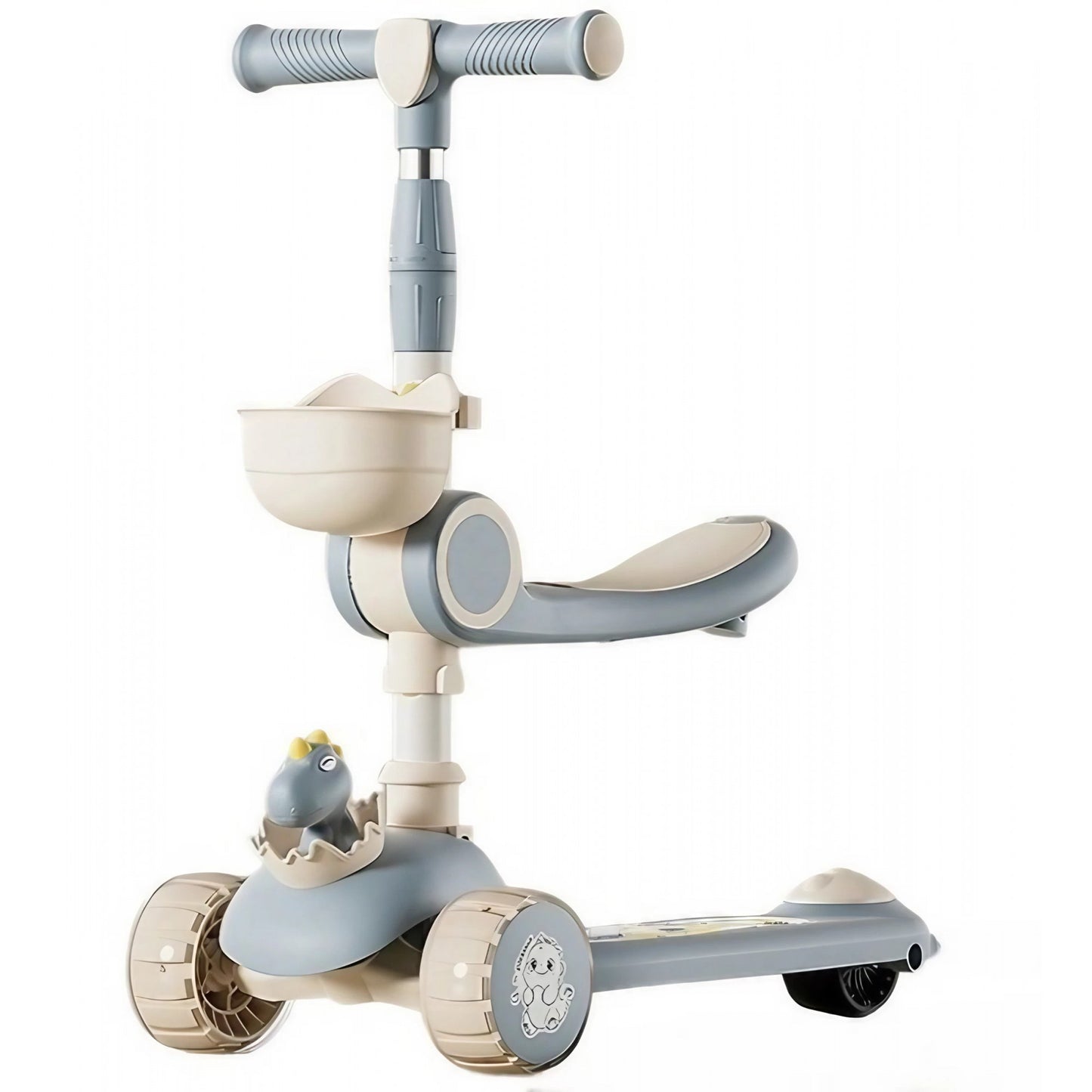Trotineta Multifunctionala 3 in 1, pentru Copii, 1-7 Ani, cu Lumini si Muzica, Reglabil 360, Pliere Usoara, Reglarea Inaltimii, Model Dinozaur, Bej/Albastru