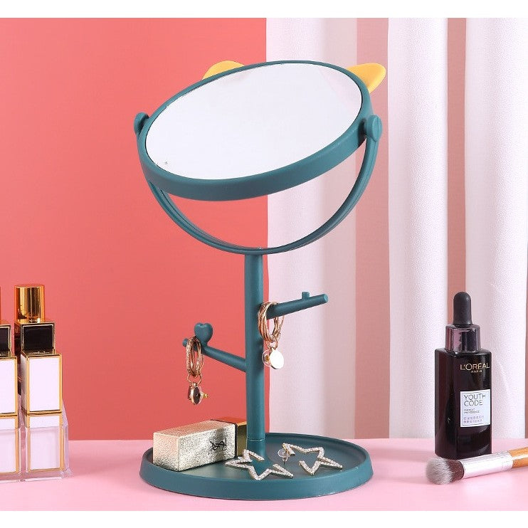 Oglina Cosmetica cu Picior,  HD, Rotire 360 Grade, 15 cm Diametru, Suport Bijuterii Baza Rotunda + 2 Brate, Model cu Urechi, 31 x 14.5 x 15 cm, din Plastic, Albastru/Galben