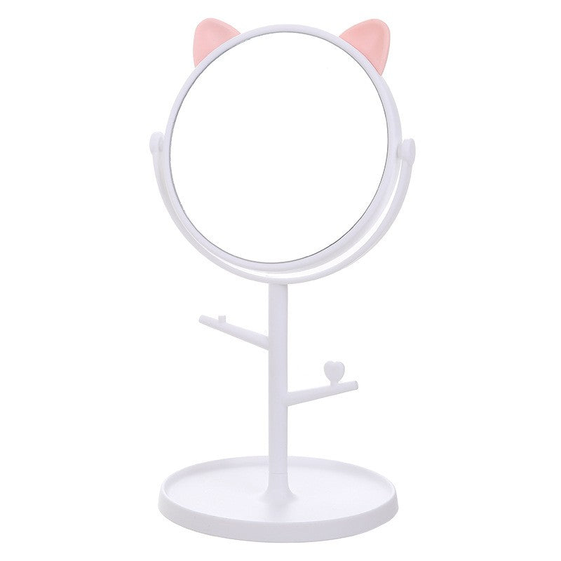 Oglina Cosmetica cu Picior, HD, Rotire 360 Grade, 15 cm Diametru, Suport Bijuterii Baza Rotunda + 2 Brate, Model cu Urechi, 31 x 14.5 x 15 cm, din Plastic, alb