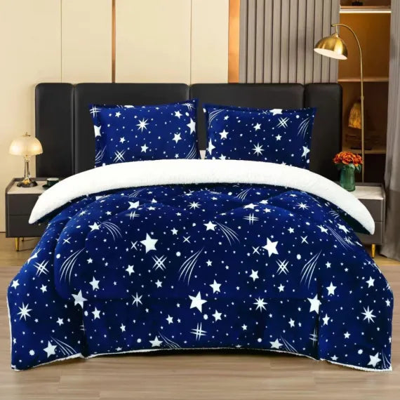 Set de 2 Persoane, 1 Pilota Cocolino cu Blanita si 2 Fete de Perna Inclusa, Albastru cu Stele 200 x 230 cm
