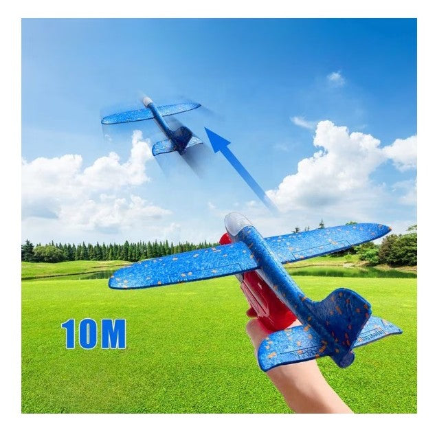 Pistol cu Lansator de Avion, din Polistiren+Plastic, +3 Ani, Avion 38 cm, Lansare 10 m, cu Lumini si Roti, Rosu/Albastru