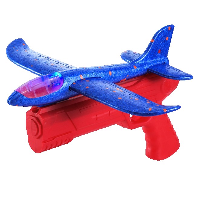 Pistol cu Lansator de Avion, din Polistiren+Plastic, +3 Ani, Avion 38 cm, Lansare 10 m, cu Lumini si Roti, Rosu/Albastru