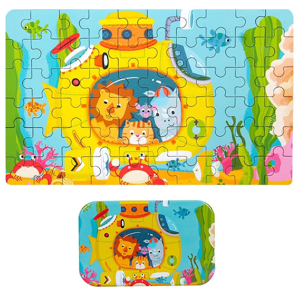 Puzzle 60 de Piese din Lemn in Cutie Metalica, Model Submarin, Educativ, Dezvoltare Abilitati Cognitive, pentru Prescolari, 22.5x13.5 cm, Multicolor