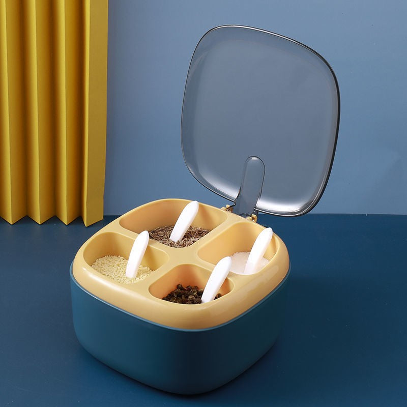 Recipient pentru condimente, 4 casute, potrivit pentru sare, cimbru, piper, condimente, 4 lingurite din plastic, capac din plastic, maner, 14x14x8 cm, albastru