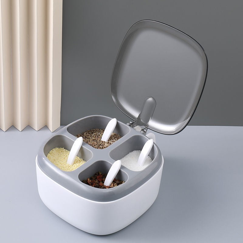 Recipient pentru condimente, 4 casute, potrivit pentru sare, cimbru, piper, condimente, 4 lingurite din plastic, capac din plastic, maner, 14x14x8 cm, alb