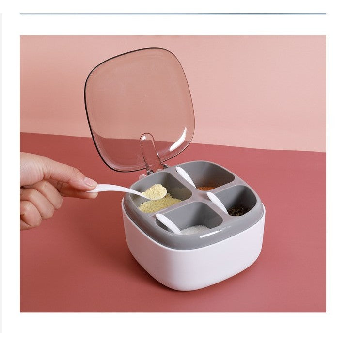 Recipient pentru condimente, 4 casute, potrivit pentru sare, cimbru, piper, condimente, 4 lingurite din plastic, capac din plastic, maner, 14x14x8 cm, alb