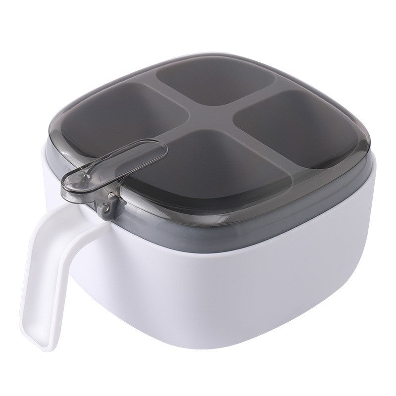 Recipient pentru condimente, 4 casute, potrivit pentru sare, cimbru, piper, condimente, 4 lingurite din plastic, capac din plastic, maner, 14x14x8 cm, alb