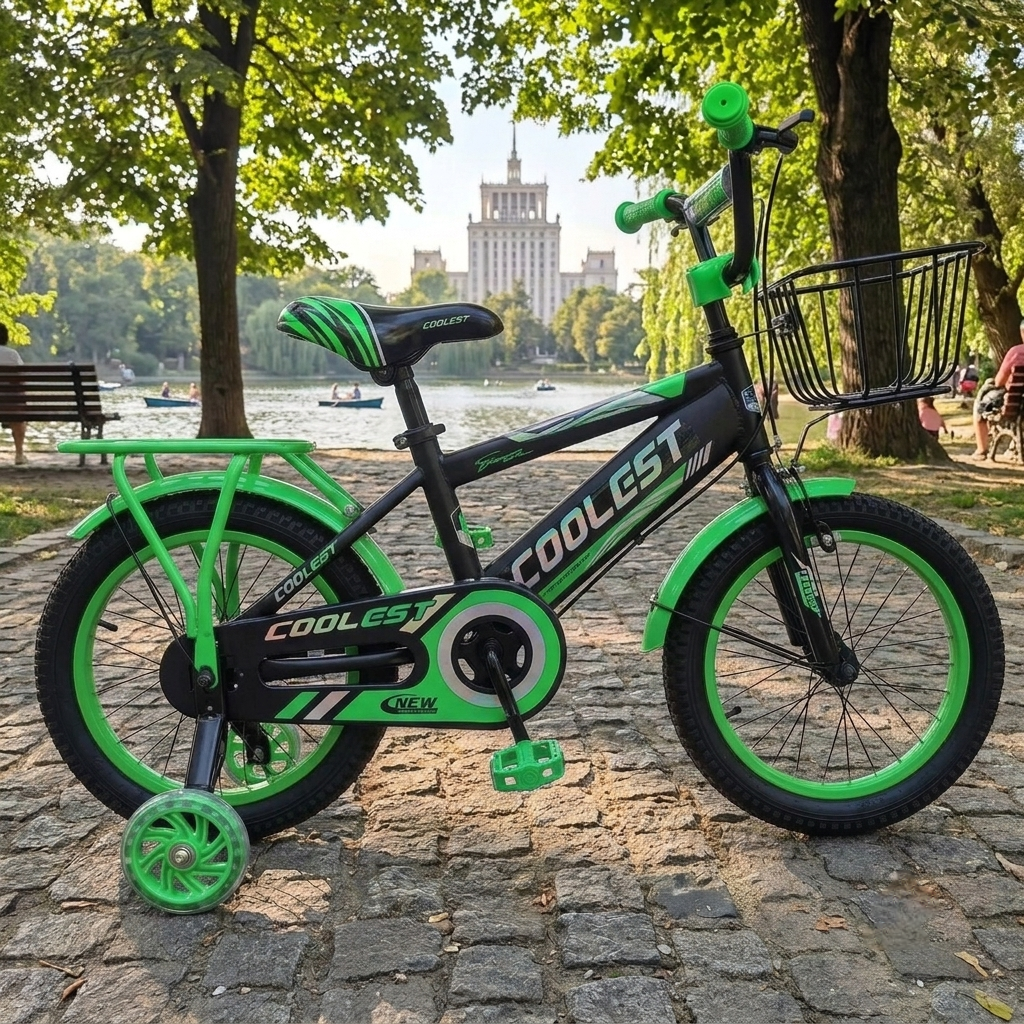 Bicicleta Cu Pedale , Roti Ajutatoare Ajustabile, Stop, Cosulet Si Portbagaj, 16 Inch, Varsta 5-8 Ani