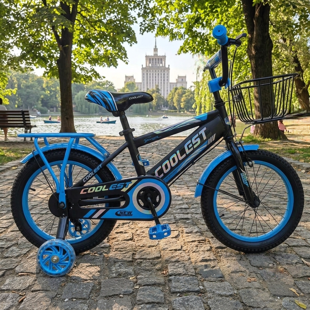 Bicicleta Cu Pedale , Roti Ajutatoare Ajustabile, Stop,Cosulet Si Portbagaj, 12 Inch, Varsta 3-5 Ani