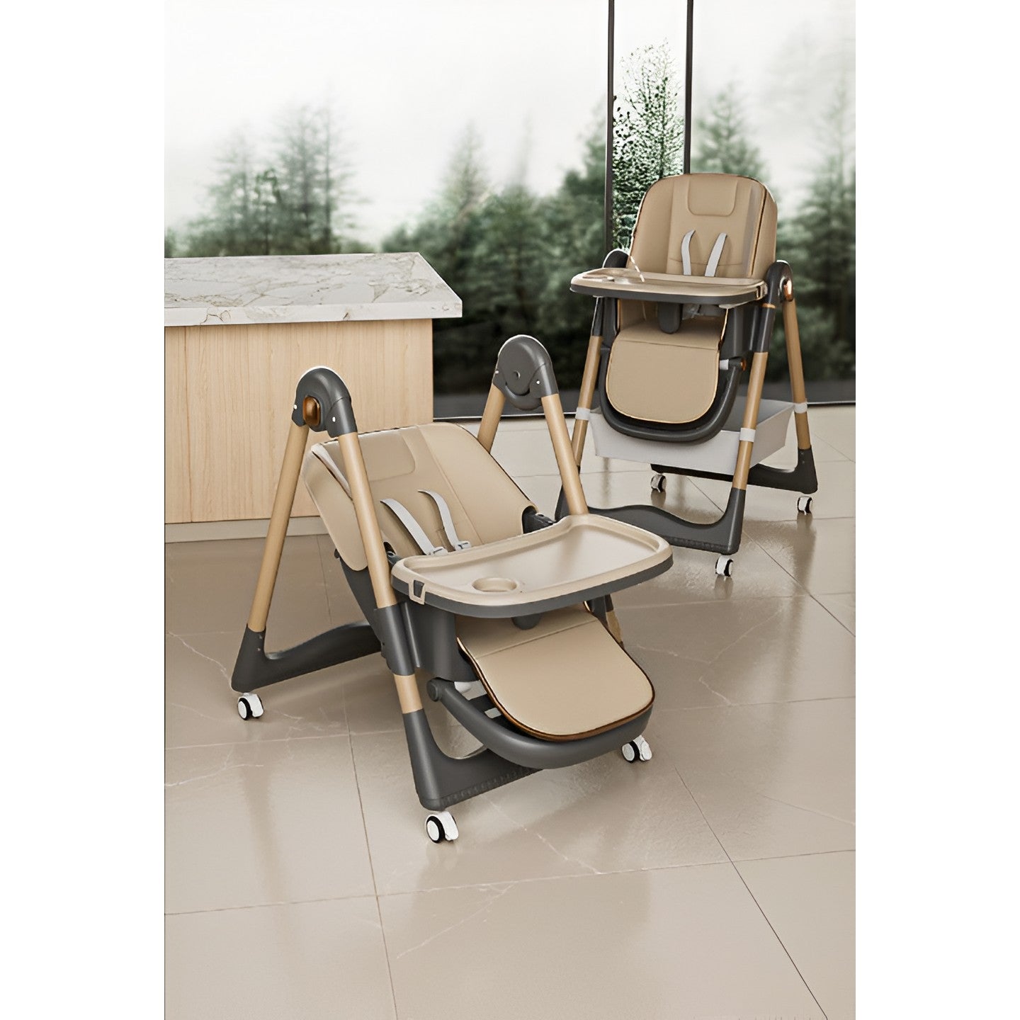 Scaun de Masa pentru Bebelusi si Copii ERGONOMIC , 2 Tavite si Husa Detasabile, Multifuncțional, Stabil, Centura de Siguranta, Inaltime Ajustabila, Spatar Reglabil Moale, Cos de Depozitare, 100x50x80cm, de la 6 Luni, Crem