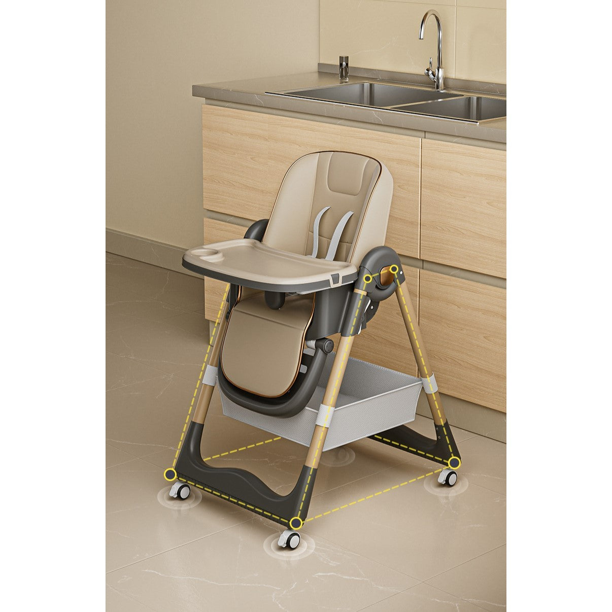 Scaun de Masa pentru Bebelusi si Copii ERGONOMIC , 2 Tavite si Husa Detasabile, Multifuncțional, Stabil, Centura de Siguranta, Inaltime Ajustabila, Spatar Reglabil Moale, Cos de Depozitare, 100x50x80cm, de la 6 Luni, Crem