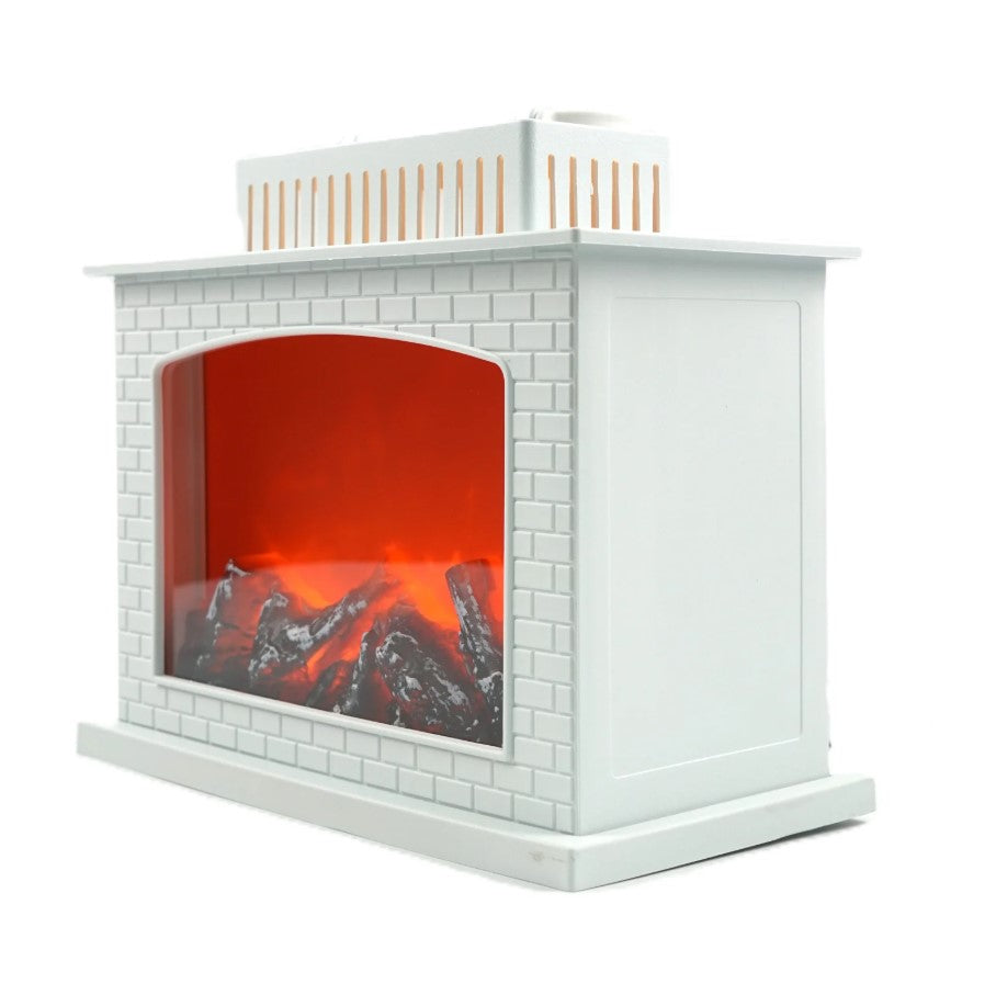 Semineu Decorativ Luminat, Efect Flacara Reala, Functioneaza pe USB si baterii, 33x21x11 cm, Alb