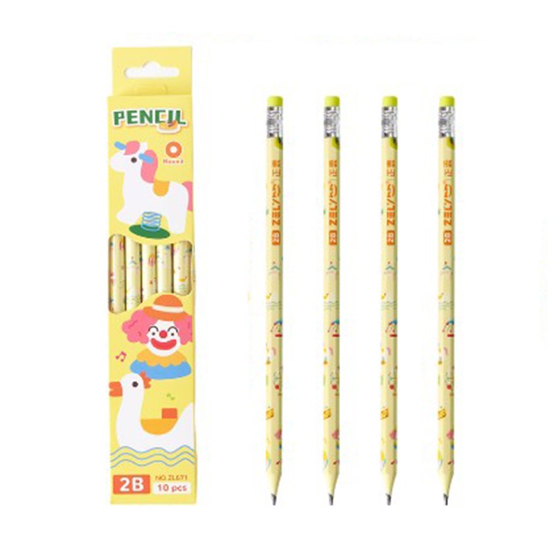 Set 10 Creioane, 2B, pentru Elevi Scoala, cu Radiera, Model Galben cu Circ