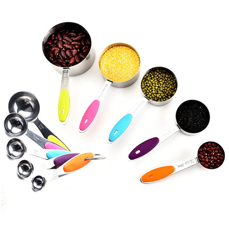 Set 10 Piese de Masurare, 5 Linguri Gradate + 5 Cesti Gradate, Otel Inoxidabil + Silicon, 19 x 8 x 9 cm, Multicolor