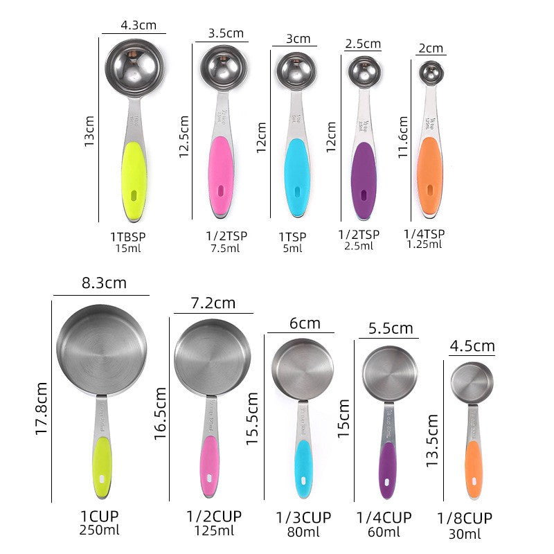 Set 10 Piese de Masurare, 5 Linguri Gradate + 5 Cesti Gradate, Otel Inoxidabil + Silicon, 19 x 8 x 9 cm, Multicolor