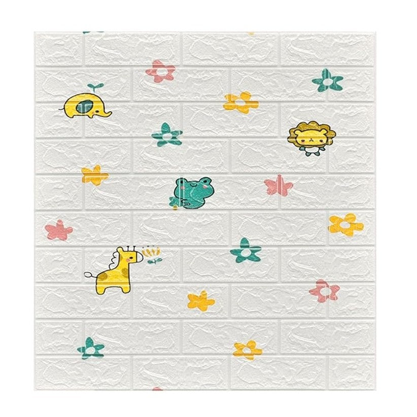 Set 10 Placi Tapet 3D,70 x 77 cm, Grosime 3 mm, din Polietilena, Tip Caramida, Model Animalute si Floricele, Suprafata acoperita 5.3 mp, Alb