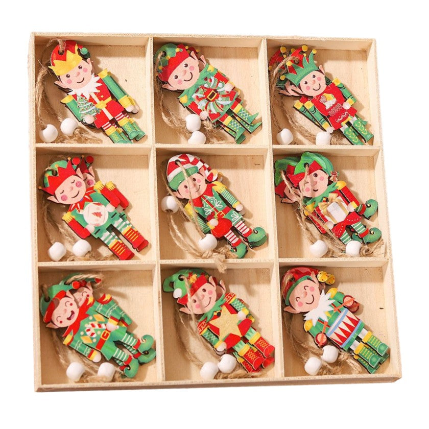 Set 18 Decoratiuni de Craciun din Lemn, cu Snur pentru Agatare in Brad, Model Elfi, Diferite Dimensiuni, Multicolor