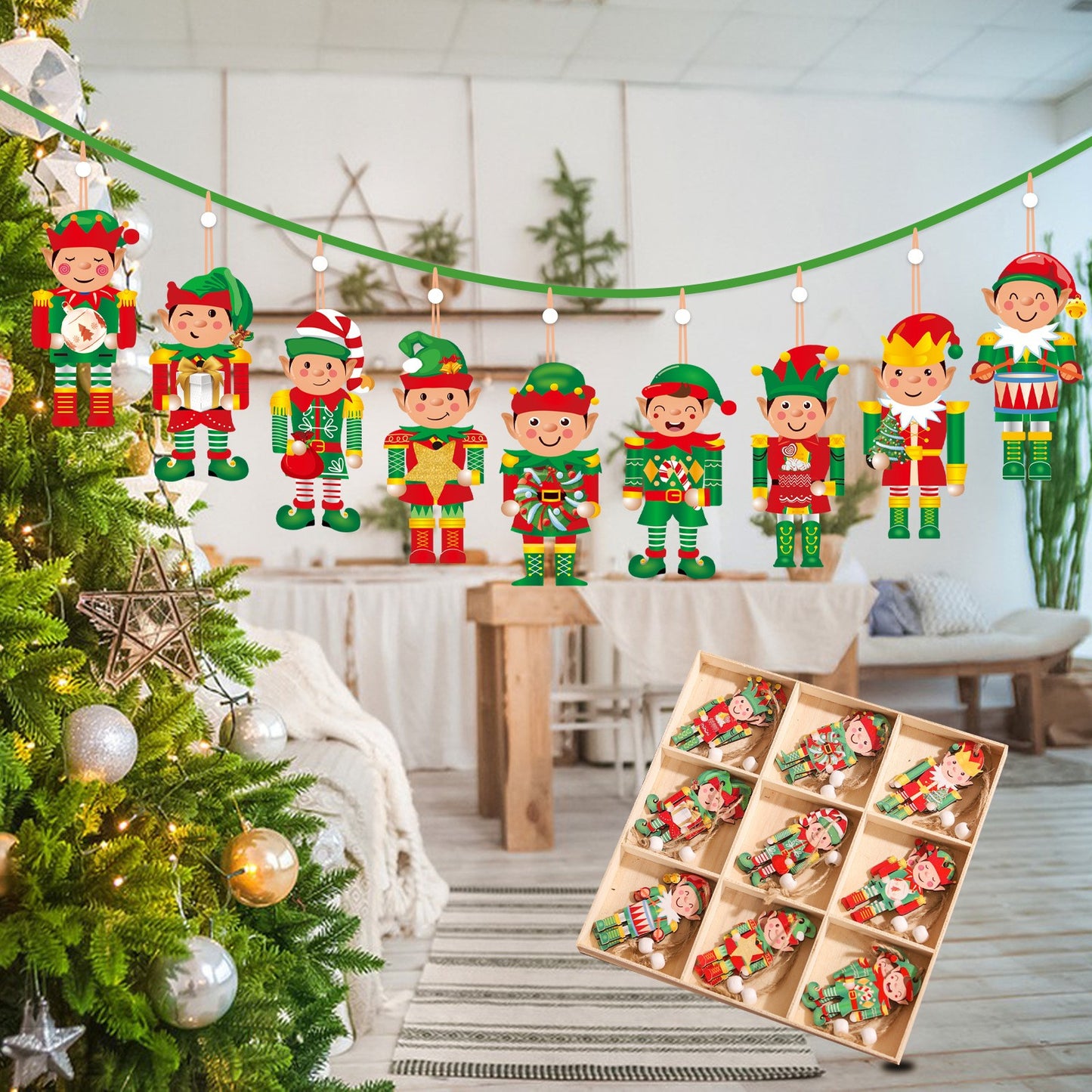 Set 18 Decoratiuni de Craciun din Lemn, cu Snur pentru Agatare in Brad, Model Elfi, Diferite Dimensiuni, Multicolor