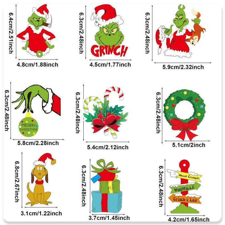 Set 18 Decoratiuni de Craciun din Lemn, cu Snur pentru Agatare in Brad, Model Grinch, Diferite Dimensiuni, Multicolor
