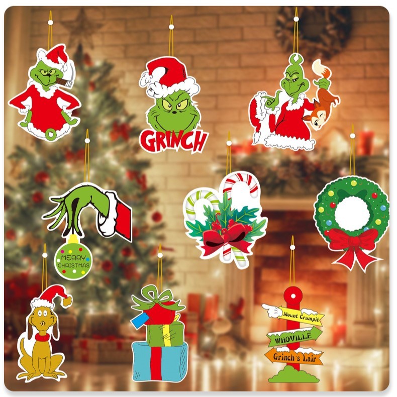 Set 18 Decoratiuni de Craciun din Lemn, cu Snur pentru Agatare in Brad, Model Grinch, Diferite Dimensiuni, Multicolor