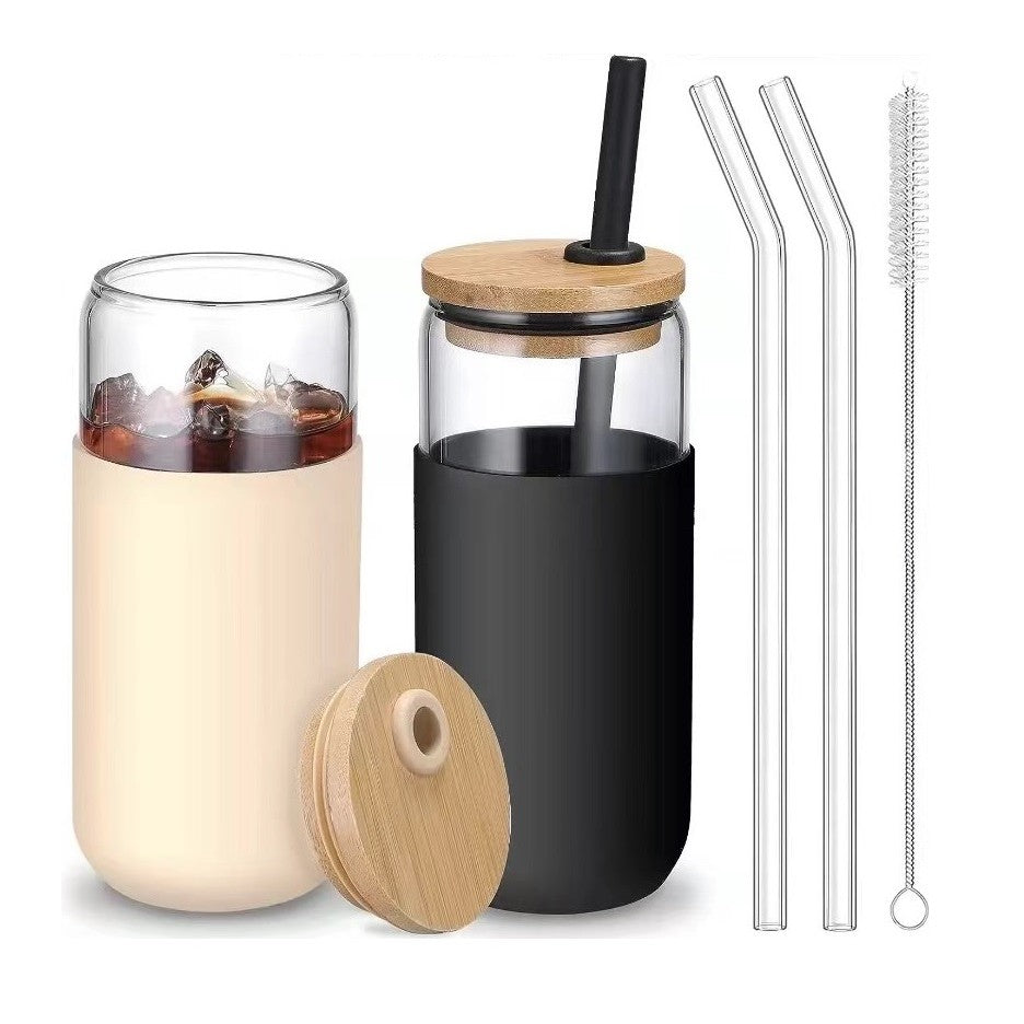 Set 2 Pahare din Sticla Termoizolante Transparente, Capace si Paie Incluse, 500 mL, Silicon Negru si Crem
