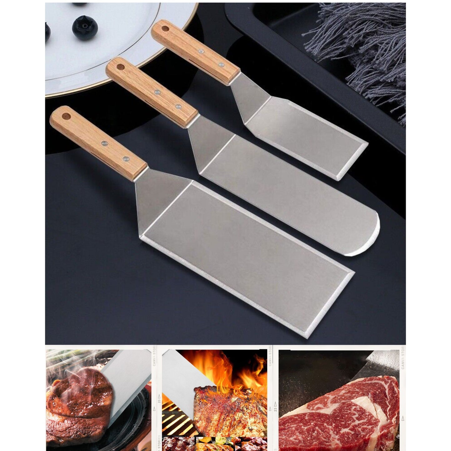 Set 3 spatule pentru gratar, din metal, margini subtiri, suprafata antiaderenta, rezistente la temperaturi ridicate, maner ergonomic din lemn, 3 forme, agatatoare, gri