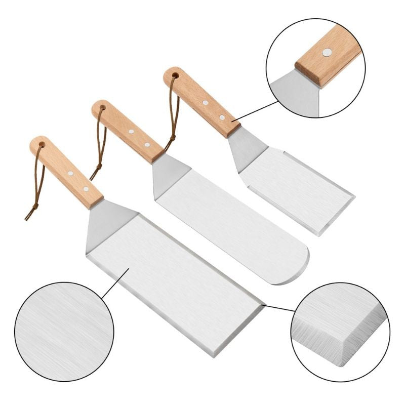 Set 3 spatule pentru gratar, din metal, margini subtiri, suprafata antiaderenta, rezistente la temperaturi ridicate, maner ergonomic din lemn, 3 forme, agatatoare, gri
