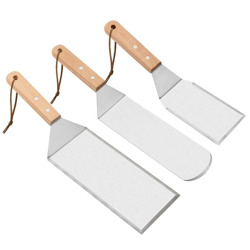 Set 3 spatule pentru gratar, din metal, margini subtiri, suprafata antiaderenta, rezistente la temperaturi ridicate, maner ergonomic din lemn, 3 forme, agatatoare, gri