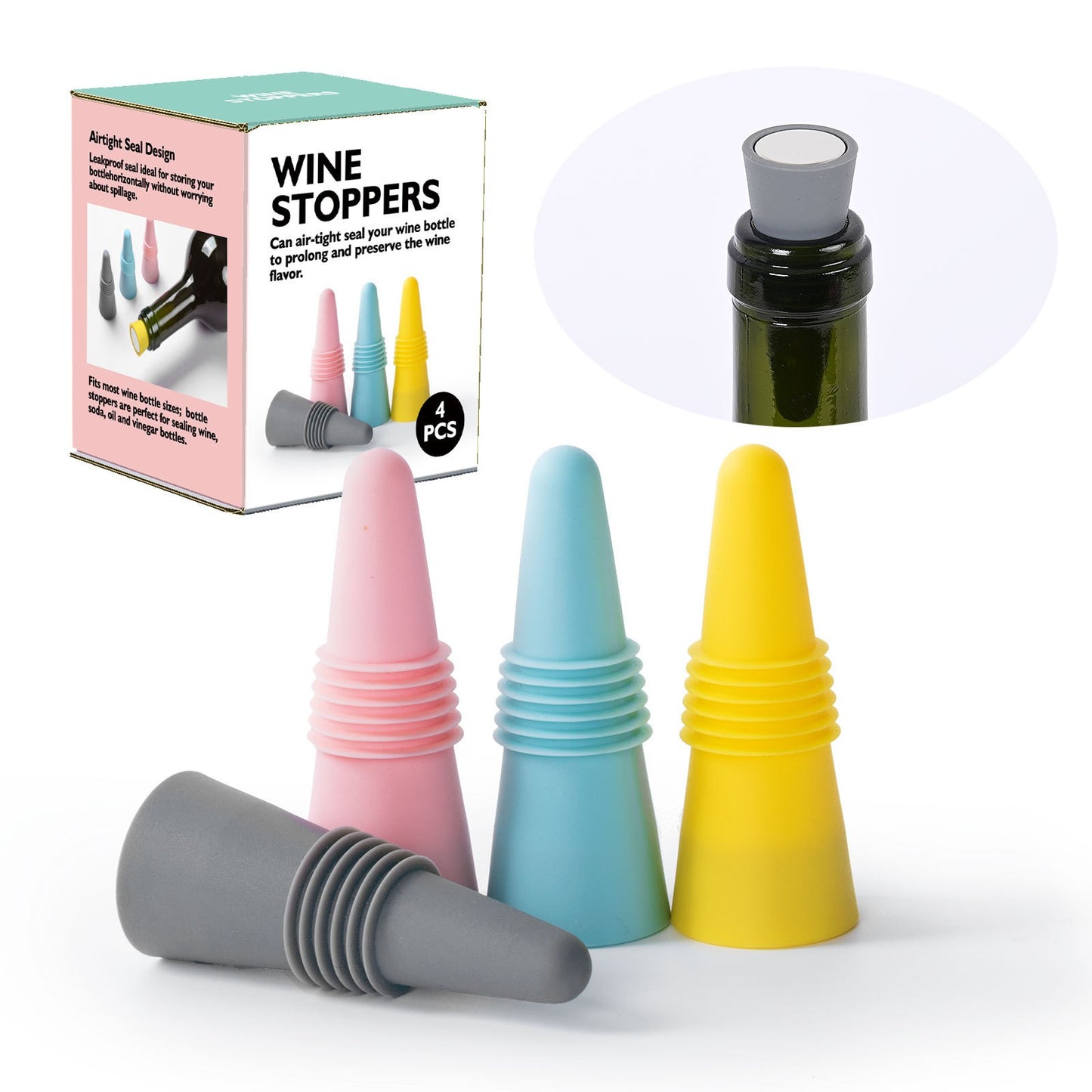 Set 4 dopuri reutilizabile din silicon, pentru sticle de vin, bautura, multicolor